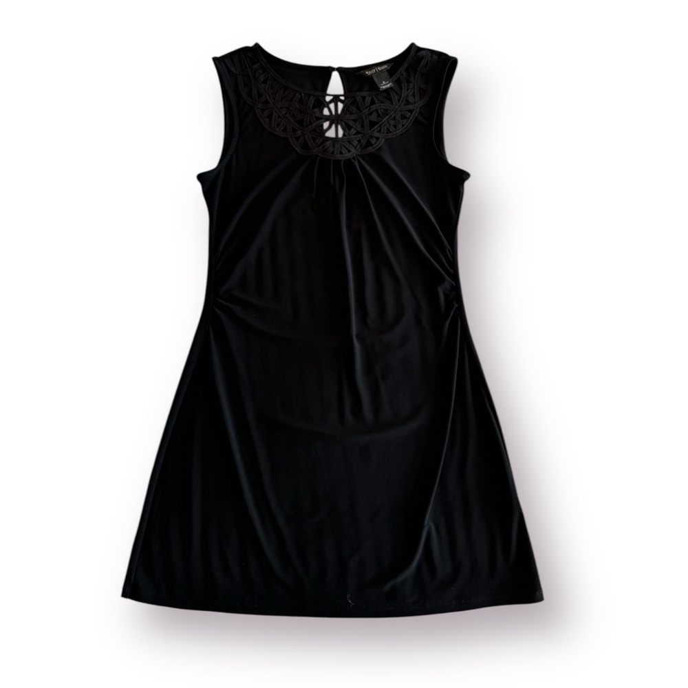 White House Black Market Mini Black Dress with Detailed Neckline - Picture 3 of 9